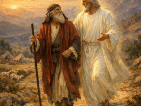 Zwei Männer gemeinsam unterwegs. Einer hat einen Wanderstab, der zweite ist in Weiß gekleidet