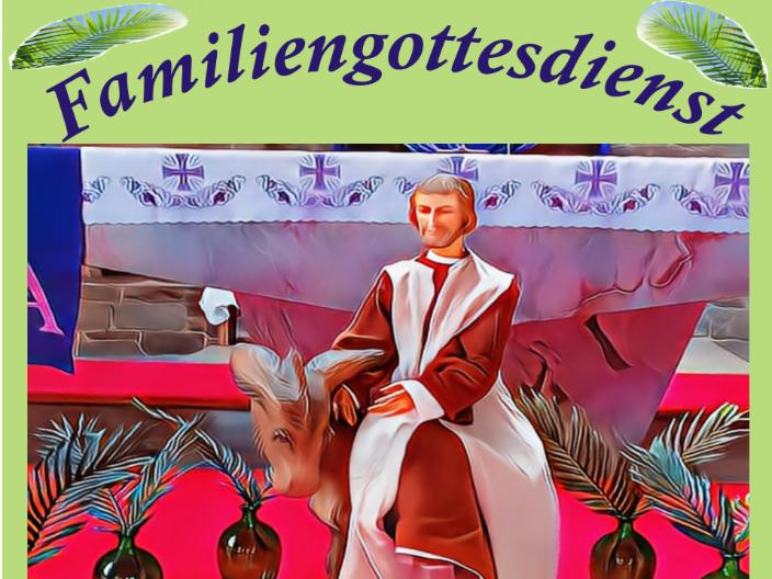 Das Plakat zeigt ein buntes, gemaltes Motiv: Eine Figur in einem langen Gewand sitzt auf einem Esel, umgeben von grünen Palmzweigen und mehreren großen Vasen. Der Hintergrund ist leuchtend rot, rosa und blau. Oben steht groß der Titel „Familiengottesdienst“. Darunter folgen Informationen zum Termin: Kirche Maria Königin, Dörsdorf Samstag, 28. März 2026 16 Uhr – Gottesdienst mit Segnung der Palmzweige Mitwirkung der „Kreuz und Quer Kids“ Palmsträußchen gibt es gegen Spende Kleine Überraschung für Kinder Im unteren Bereich sind kleine Illustrationen eines Hasen, einer Blume und eines Palmenblatts zu sehen.