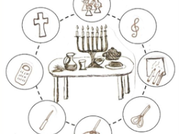 Ein Tisch mit Dingen zum Pessachmal. Drumherum im Kreis sind Bastelsymbole zu sehen